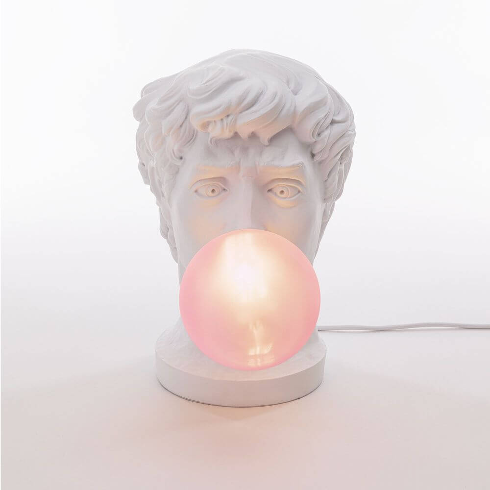 Seletti Wonder Times Tischleuchte LED E14 – weiße Pop‑Art Büstenlampe mit leuchtender rosa Glaskugel, designed von Uto Balmoral