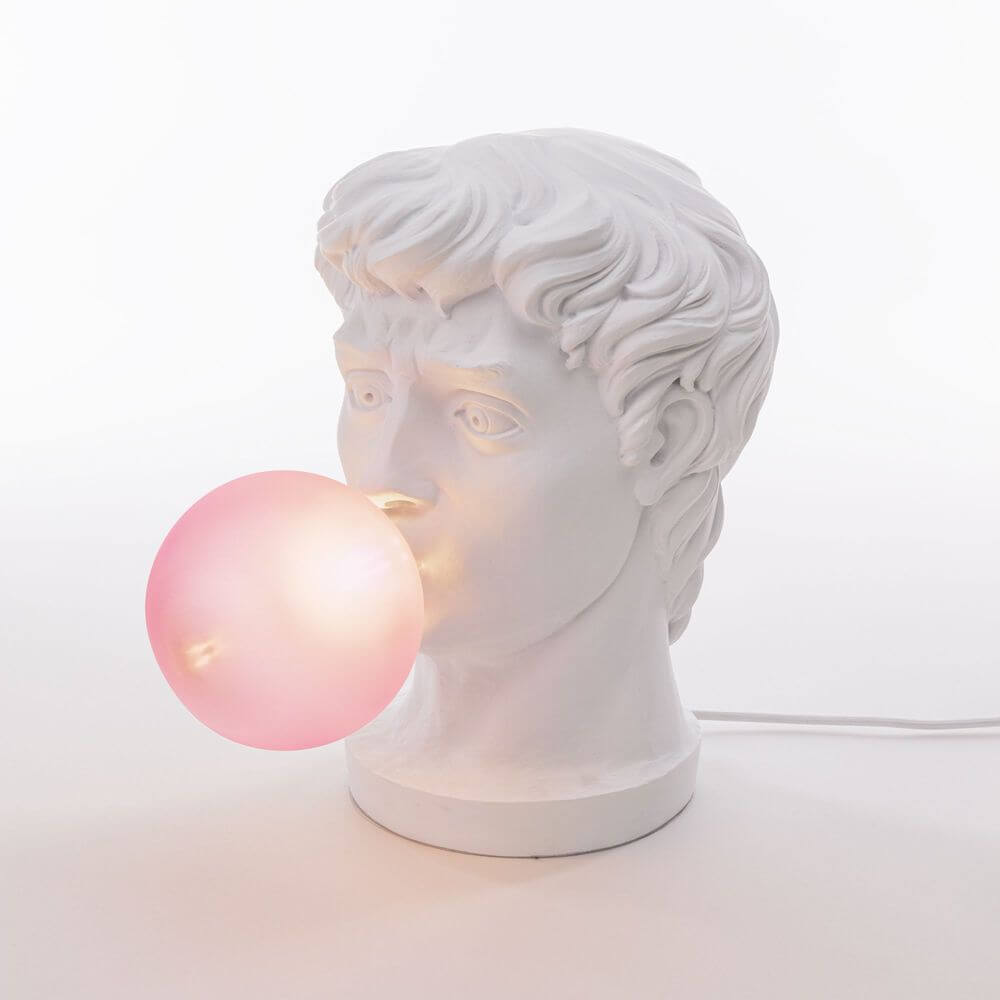 Seletti Wonder Times Tischleuchte LED E14 – weiße Pop‑Art Büstenlampe mit rosa LED-Blase, Designer Uto Balmoral