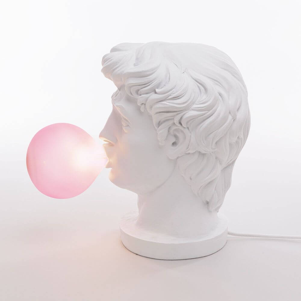 Seletti Wonder Times Tischleuchte LED E14 weiße Büste mit pinker Blase als Lampenschirm, Pop‑Art Designerlampe von Uto Balmoral