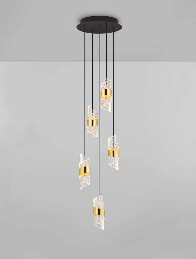 Seneca LED Pendelleuchte 5-flammig Ø 30cm 3000K Schwarz, Gold in modernem Design mit Kristall-Elementen.