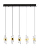 Seneca LED Pendelleuchte Balken 82cm 5-flammig 3000K Schwarz, Gold mit klaren Akzenten und mattschwarzem Design.