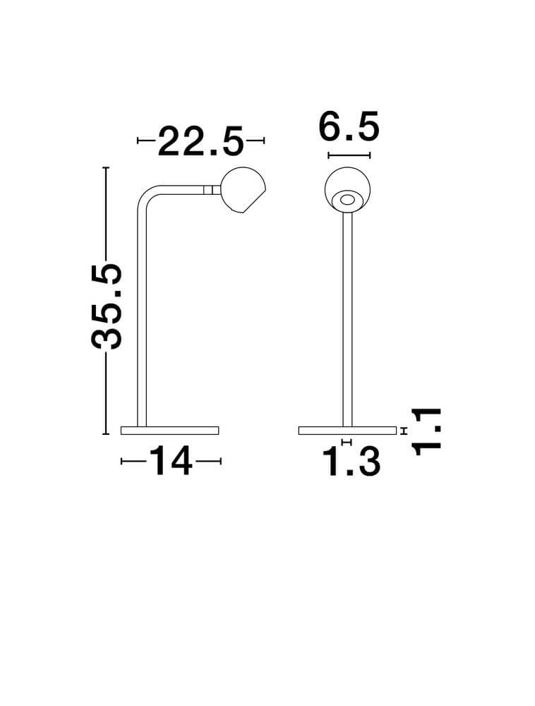 Sfera Tischleuchte 3000K Schwarz, technische Zeichnung der Lampe mit Abmessungen.