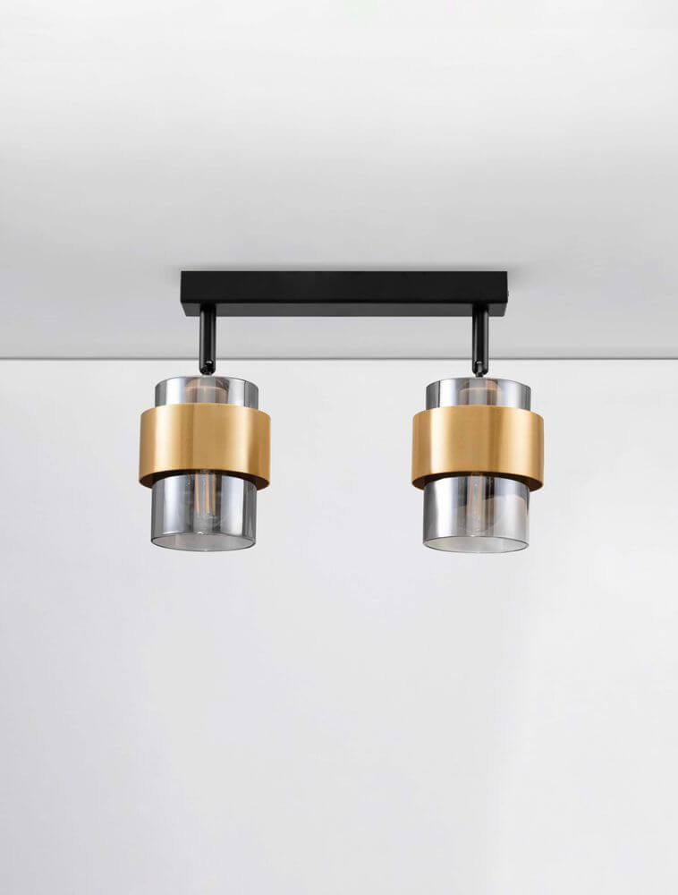 Sianna Deckenleuchte 2-flammig Schwarz, Gold mit goldenem Lampenschirm und retro Design.