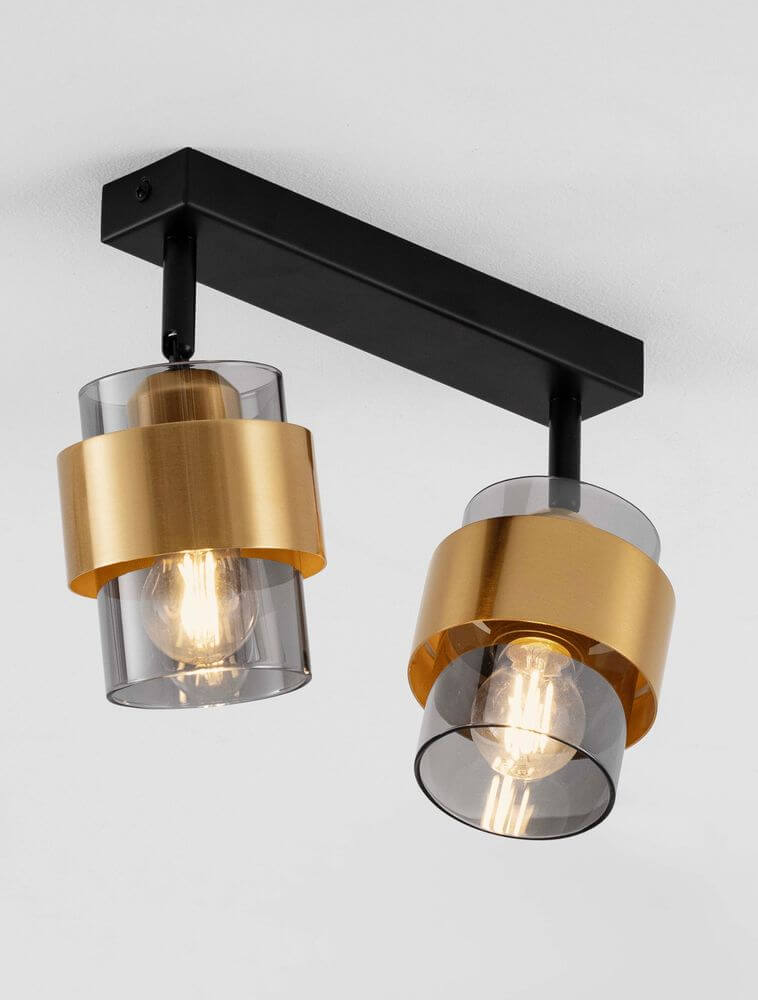 Sianna Deckenleuchte 2-flammig Schwarz, Gold mit goldenen Lampenschirmen und beeindruckendem Lichteffekt.