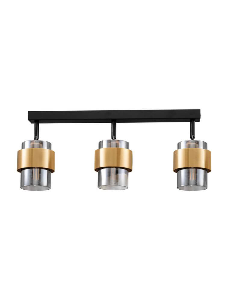 Sianna Deckenleuchte Balken 70cm 3-flammig Schwarz, Gold mit goldenen Lampenschirmen für retro Lichtakzente.