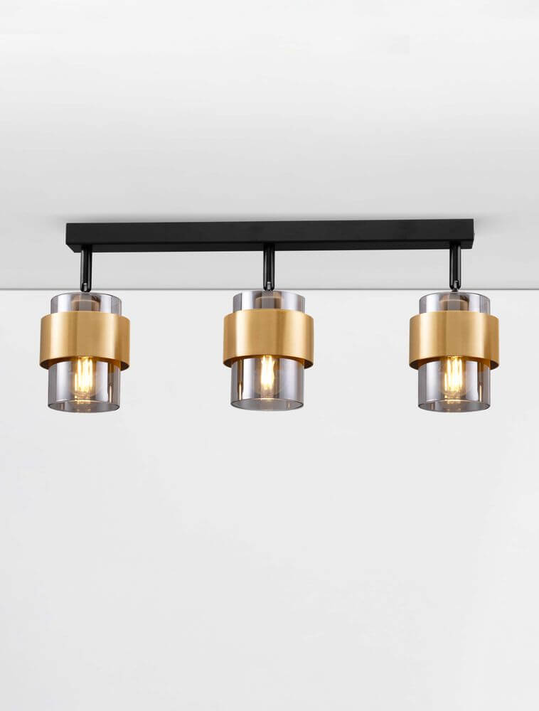 Sianna Deckenleuchte Balken 70cm 3-flammig Schwarz, Gold mit retro Lampenköpfen und beeindruckenden Lichteffekten