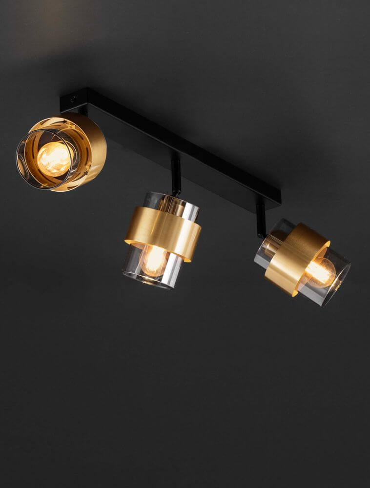 Sianna Deckenleuchte Balken 70cm 3-flammig Schwarz, Gold mit goldenen Lampenköpfen und ein retro Design.