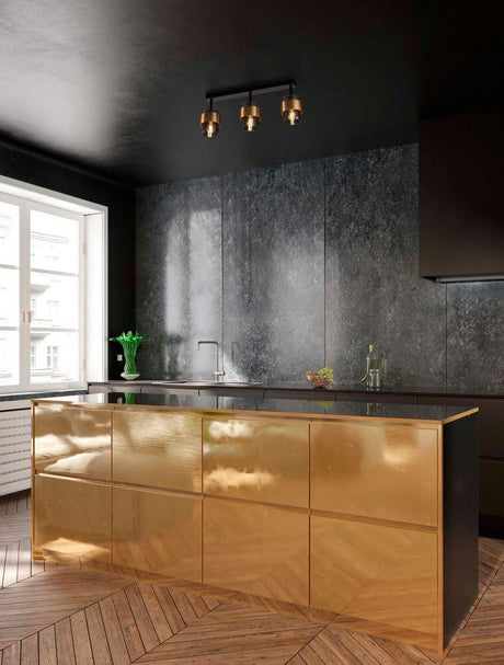 Sianna ceiling light beam 70cm 3-light Black, Gold above a modern, gold-gloss kitchen island.