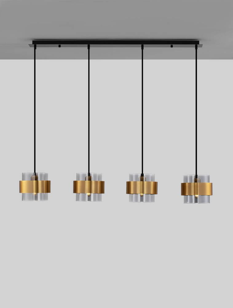 Sianna Pendelleuchte 4-flammig Gold, Rauch, Schwarz an der Decke montiert, modernes Design mit eleganter Materialkombination.