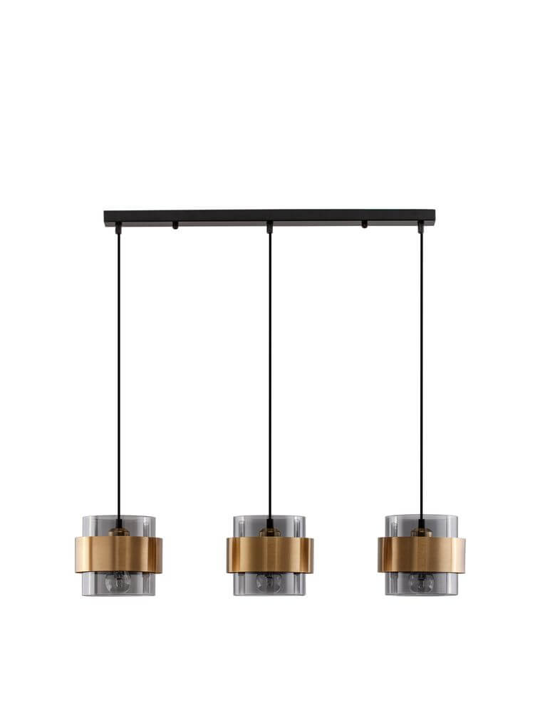 Sianna Pendelleuchte mit 3 Glaskugeln in Gold und Schwarz, 70cm lang, modernes Design für Ess- und Wohnzimmer.
