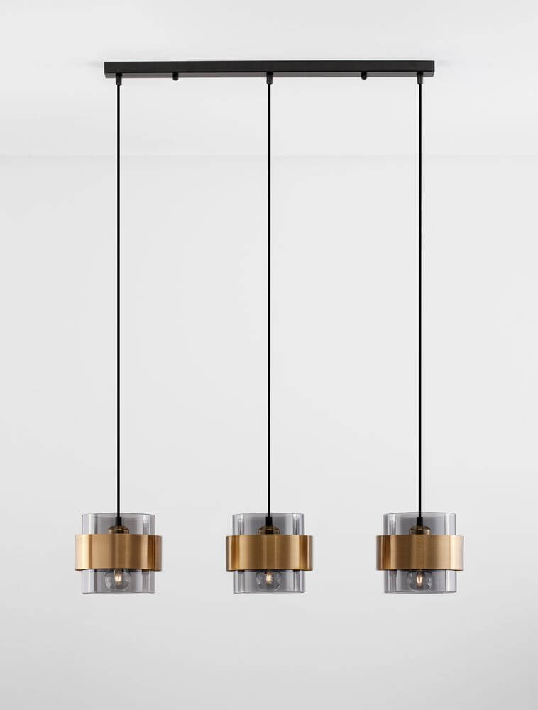 Moderne Sianna Pendelleuchte 70cm, 3-flammig in Gold, Rauch und Schwarz für Ess- oder Wohnzimmer.