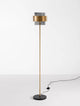 Sianna Stehlampe Gold, Rauch, Schwarz mit mattschwarzem Metall und rauchfarbenem Glas.