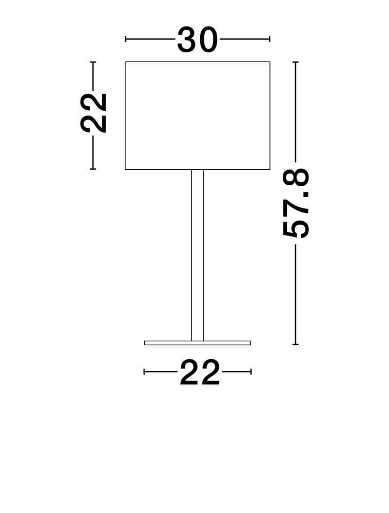 Alt Tag: Sibnia Tischleuchte E27 Ø 30cm - technische Skizze mit Maßen 30x22 cm, Höhe 57,8 cm, schwarzer schlanker Leuchtenkörper mit Fuß