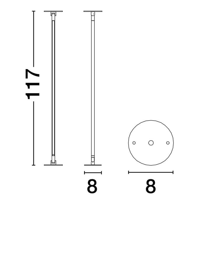 Maßzeichnung der Sima LED Wandleuchte Ø 8cm 3000K mit Abmessungen 117cm und 8cm.