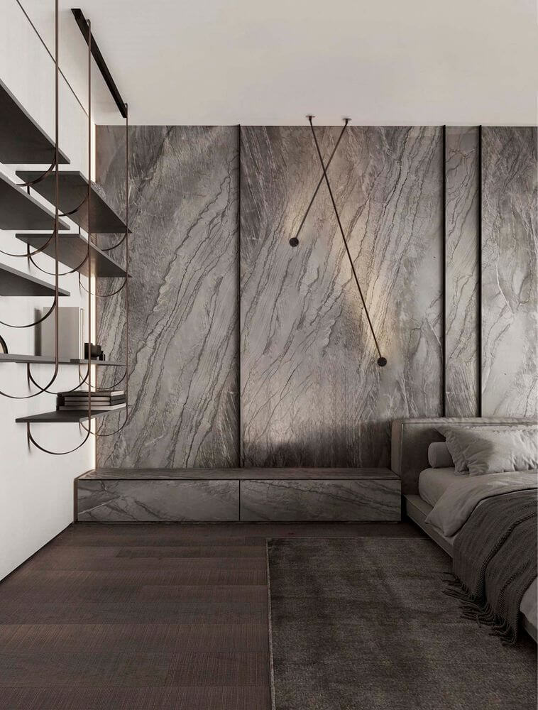Sima LED Wandleuchte Ø 8cm 3000K in modernem Schlafzimmer mit grauen Wänden und eleganter Einrichtung.