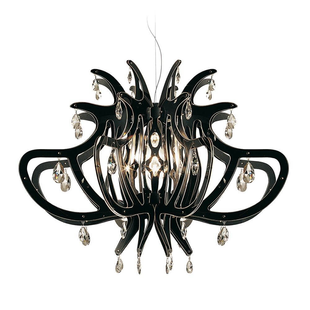 Lámpara colgante Slamp Medusa Negra con cristales y estructura radial.