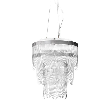 Lampada a sospensione Slamp Ceremony Small Prisma Trasparente con catene trasparenti e design moderno.