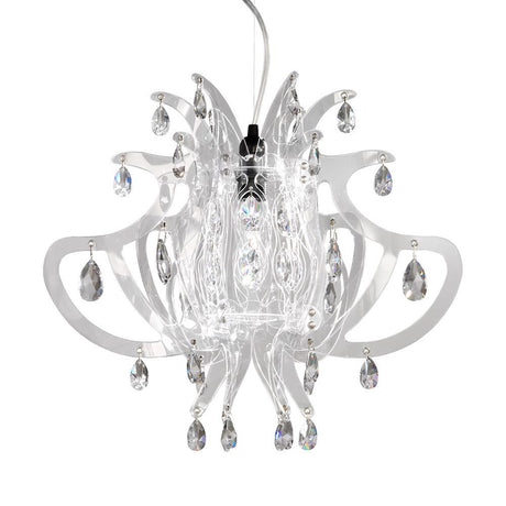 Lampada a sospensione Slamp Lillibet Mini Bianca con cristalli trasparenti e struttura radiale.