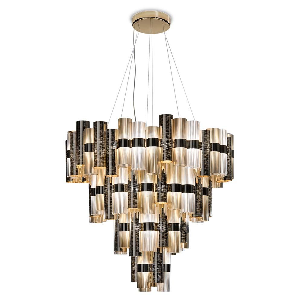 Slamp LED Hängelampe La Lollona 4, 100 cm mit Zylindern in Farbgradienten und geometrischem Design.