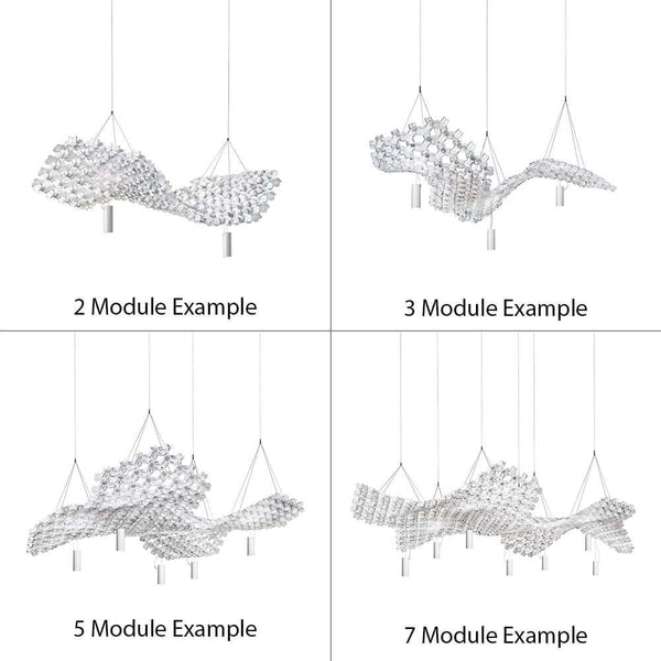Slamp Nuvem Canopy Baldachin für 6 Anschlüsse Weiß, Beispiele mit 2, 3, 5 und 7 Modulen.