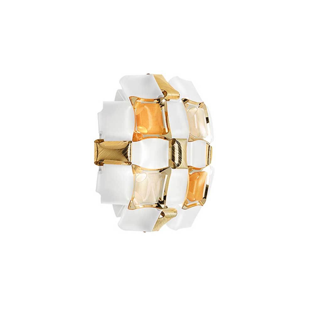 Slamp Wandleuchte Mida Applique in edlem Design mit goldenen und weißen Elementen, Ø 32cm, inspiriert von Schmuckstücken.