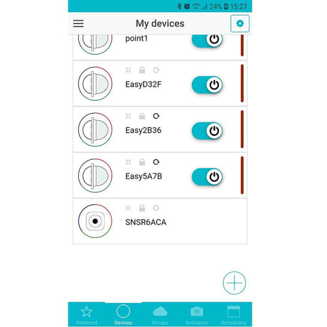 Interface de l’application du capteur de mouvement Smart Mesh affichant différents appareils connectés.