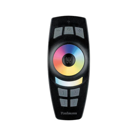 Télécommande SmartHome ZB Gent 2xAAA avec support mural noire sur fond noir.