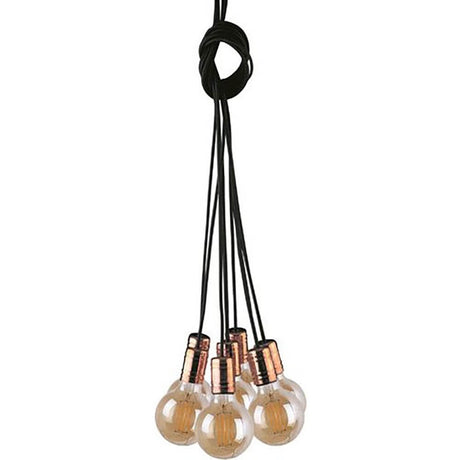 Socket pendellampe 7-lys E27 kobber-svart med fem lyspærer og svart kabeldesign