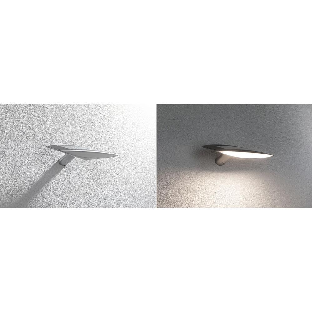 Solar LED Außenwandleuchte Kiran in Weiß an der Wand, beleuchtet und nicht beleuchtet.