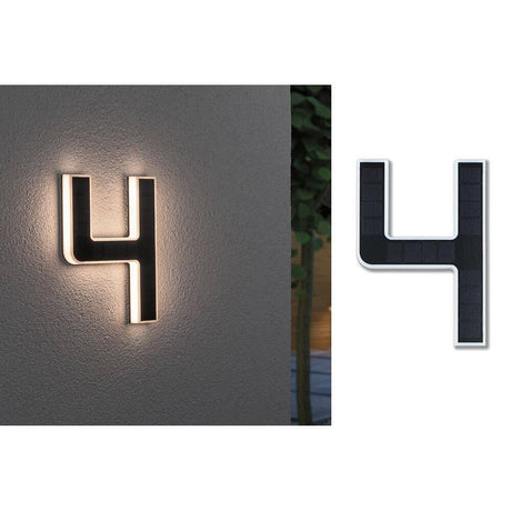 Solar LED house number light number 4 mounted on the wall with indirect lighting