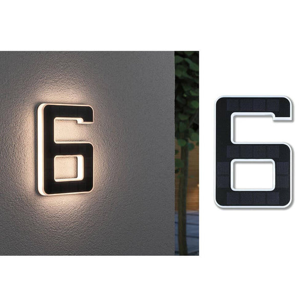 Solar LED Hausnummernleuchte Nummer 6 an Hauswand beleuchtet