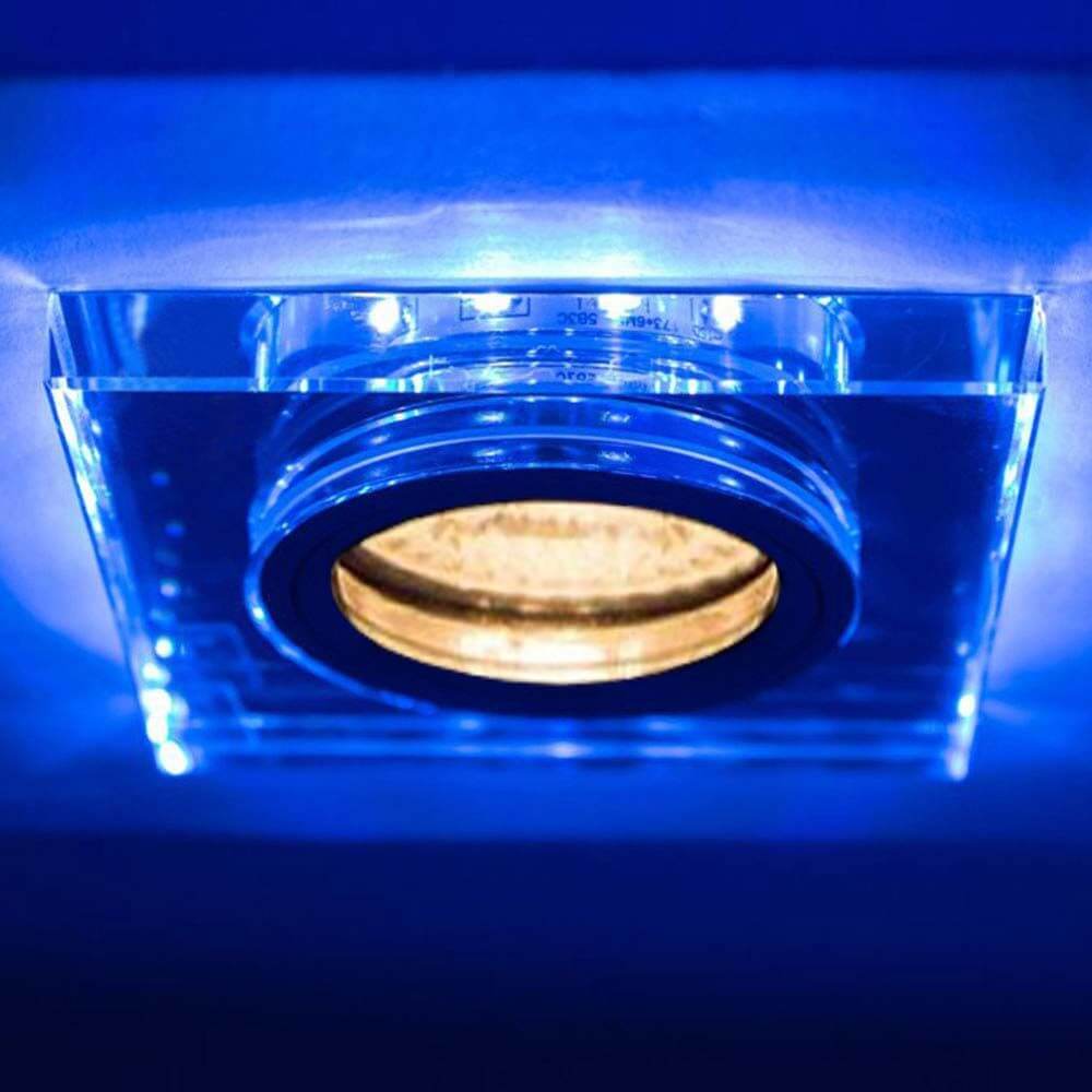 GU10 Decken-Einbauleuchte Soren mit blauen LED`s 9 x 9cm 230V, quadratischer Deckeneinbaustrahler mit LED-Beleuchtung.