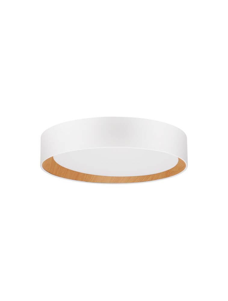 Weißes LED-Deckenleuchte STAKE von Nova Luce mit Holz-Akzent, Durchmesser 35cm, 3000K warmweiß.