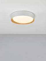 Moderne LED Deckenleuchte mit weißem Gehäuse und Holzakzent, Ø 35cm, 3000K, 1717 Lumen.