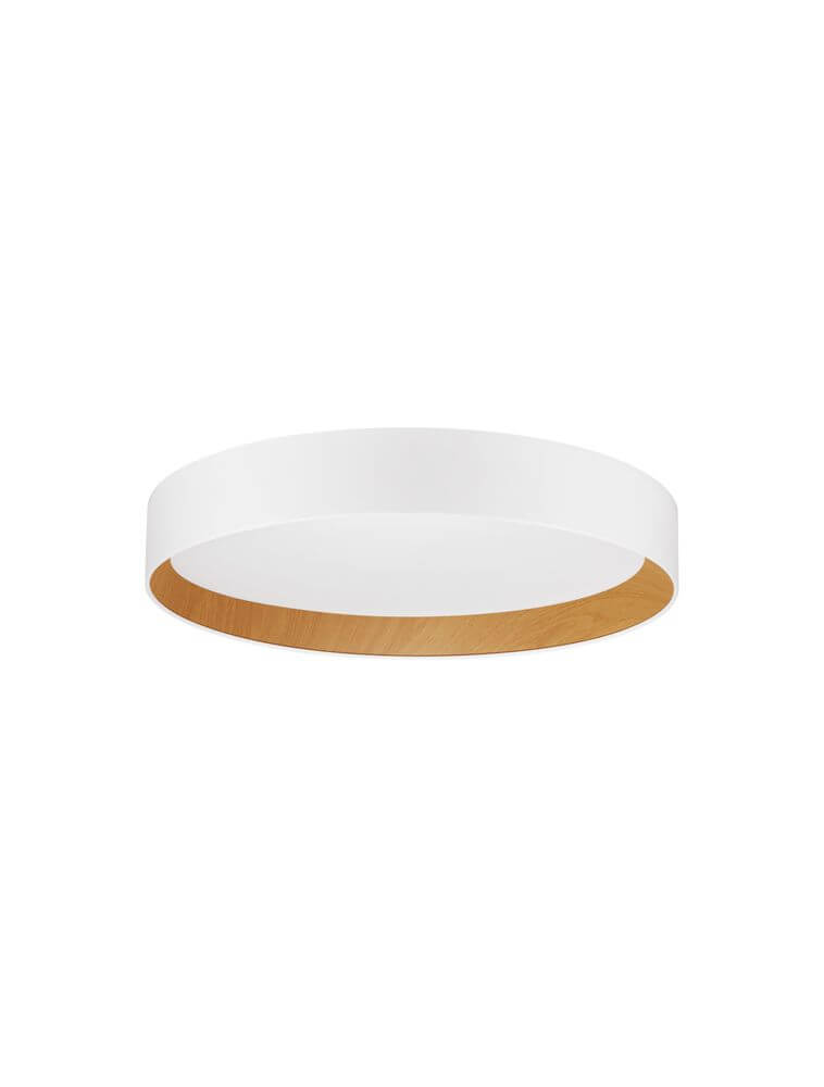 Weiße LED Deckenleuchte STAKE Ø 45cm mit natürlichem Holzrand, schlichtes Design, 3000K.