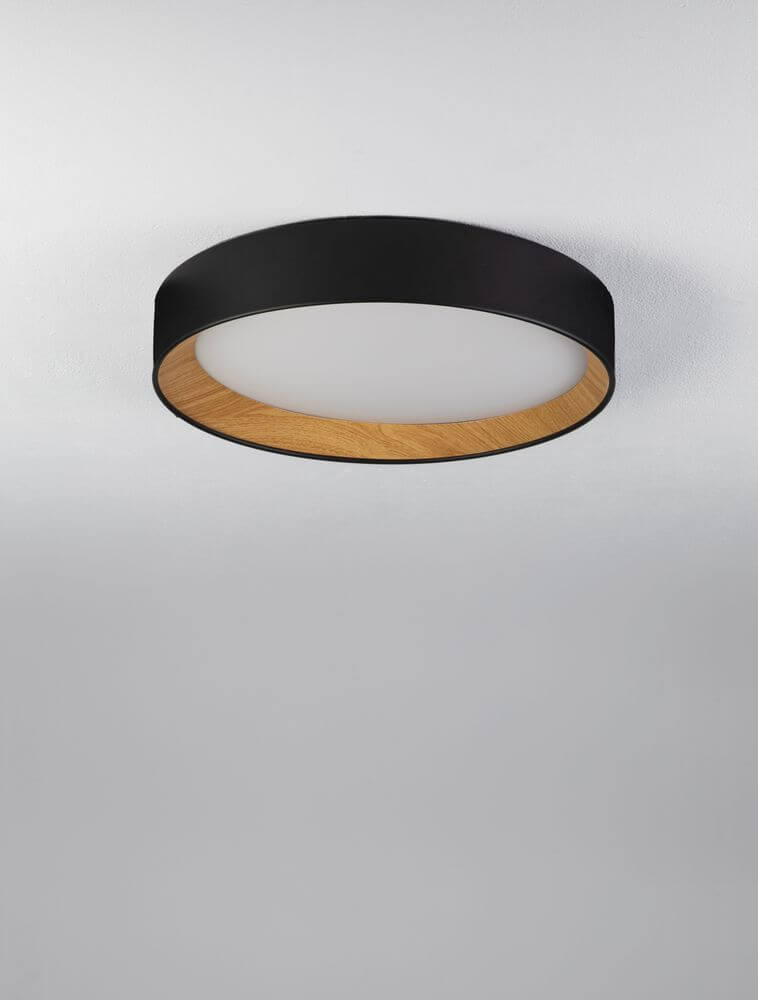 Moderne LED-Deckenleuchte in Schwarz und Holzoptik, Durchmesser 45 cm, 3000K, ideales Raumlicht.
