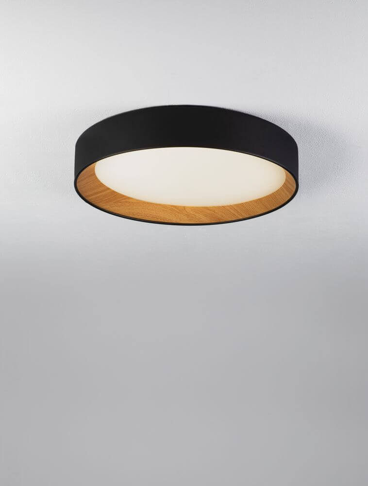 Moderne schwarze LED Deckenleuchte mit Holzumrandung, Ø 45 cm, 3000K, 2312 Lumen.