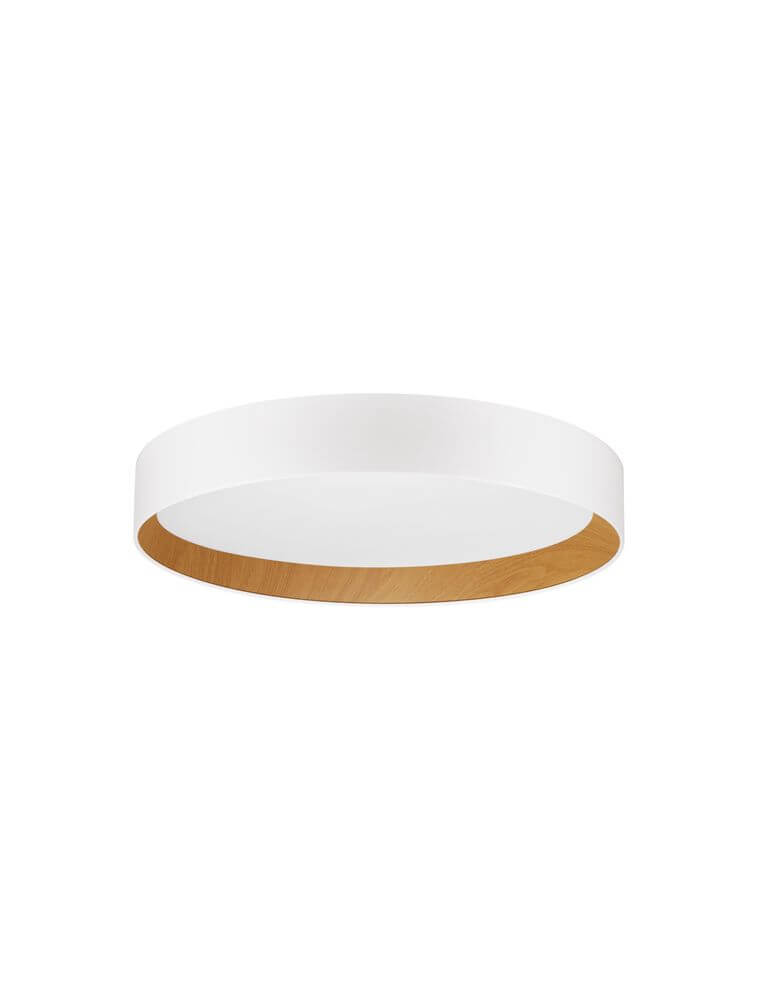 Moderne LED Deckenleuchte Stake mit 60cm Durchmesser in Weiß und Holzoptik, energiesparend und elegant.