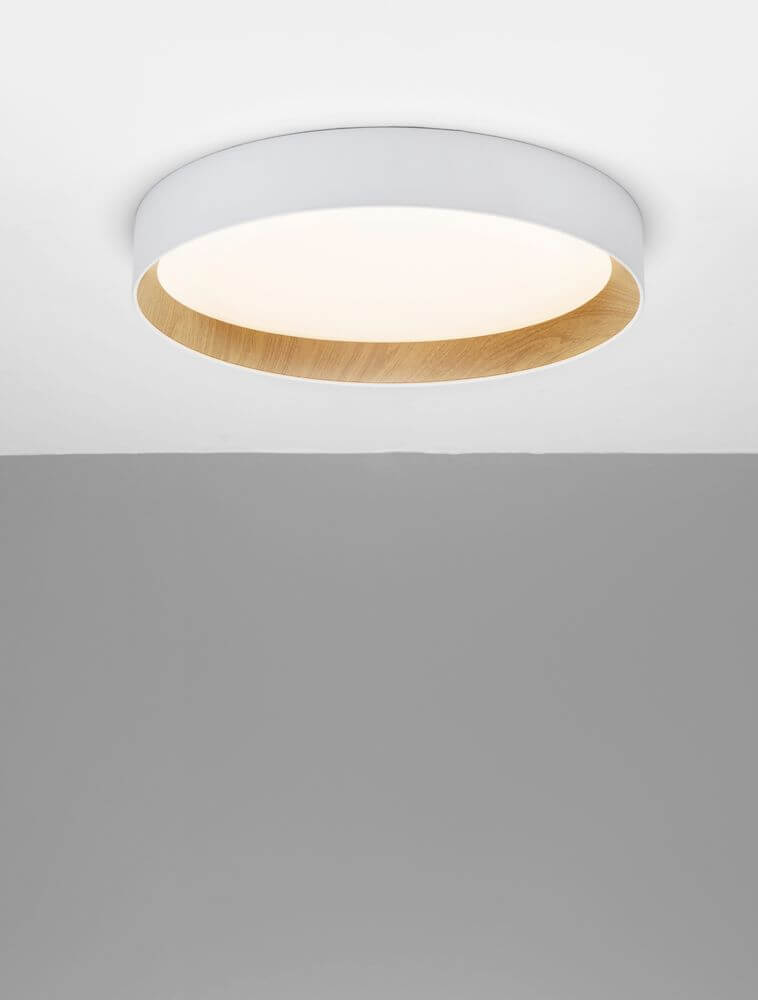 Elegante weiße LED Deckenleuchte mit Holzrand, Durchmesser 60cm, 3000K, ideal zur Raumbeleuchtung.