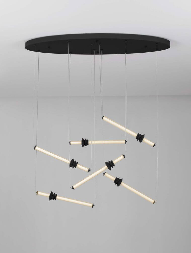 Stalactite LED Pendelleuchte 6-flammig Ø 120cm 3000K Schwarz mit geometrischem Design und warmer Beleuchtung.