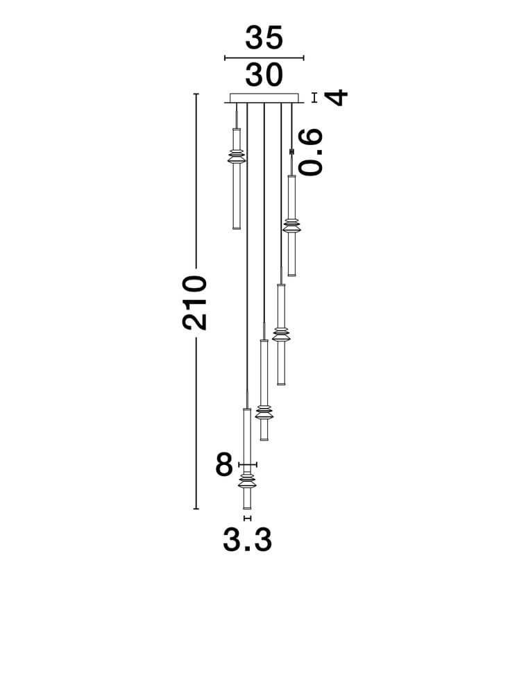 Technische Zeichnung der Stalactite Pendelleuchte 5-flammig Ø 35cm in Schwarz, Abmessungen und Designdetails.