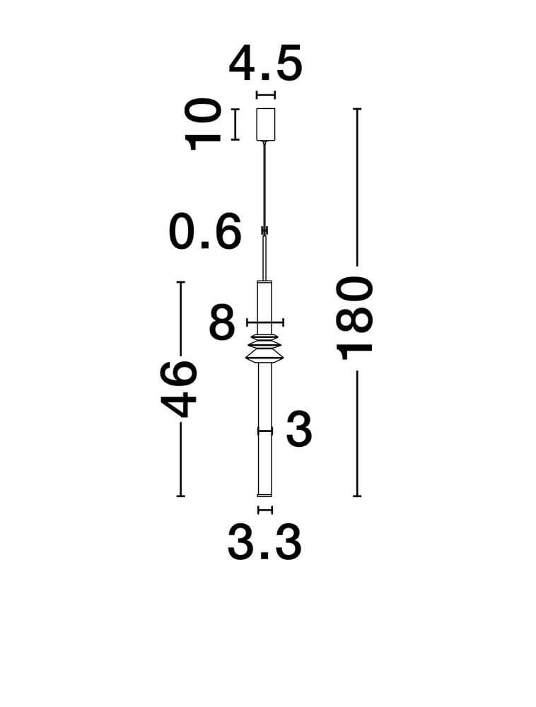 Maßzeichnung der Stalactite Pendelleuchte Vertikal Ø 4,5cm 3000K Schwarz von Nova Luce, mit Dimmfunktion TRIAC.