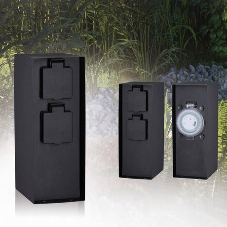 Steckdosensäule Rio Zeitschaltuhr IP44 Schwarz - Outdoor Stromverteiler mit Spritzwasserschutz.