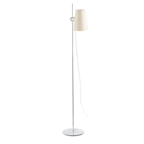 Stehlampe LUPE Chrom, Weiß mit grauem Lampenschirm und schlankem Metallgestell.