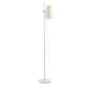 Stehlampe LUPE Chrom, Weiß mit grauem Lampenschirm und schlankem Metallgestell.