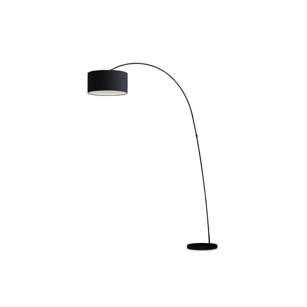 Papua Black arc floor lamp with an elegant, curved design and black lampshade.