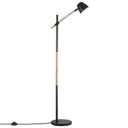 Stehlampe Theo aus Holz und Metall mit flexiblem Lampenkopf für gerichtetes Licht, modernes Design in Schwarz und Esche