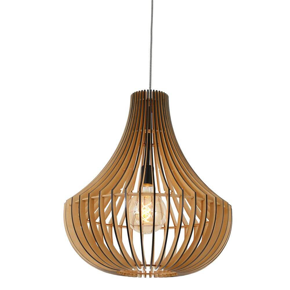 Holz-Hängeleuchte Smukt aus Pappelholz, luftiges Design mit Holzlamellen, Ø 30 cm, kombinierbar.