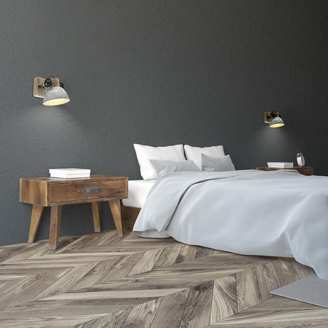 Industrial ceiling light Gearwood in a modern bedroom with a wooden shelf and a stylish bed.