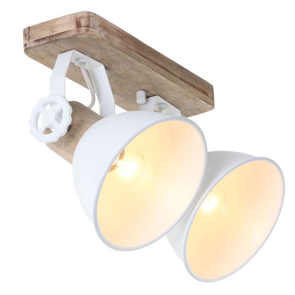 Industrie-Deckenleuchte Gearwood mit Holzbasis und zwei weißen Metallschirmen im Retro-Design.